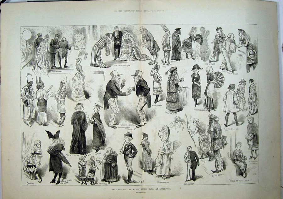 Original Old Antique Print 1881 Fancy Dress Ball Liverpool Costumes Party 19th