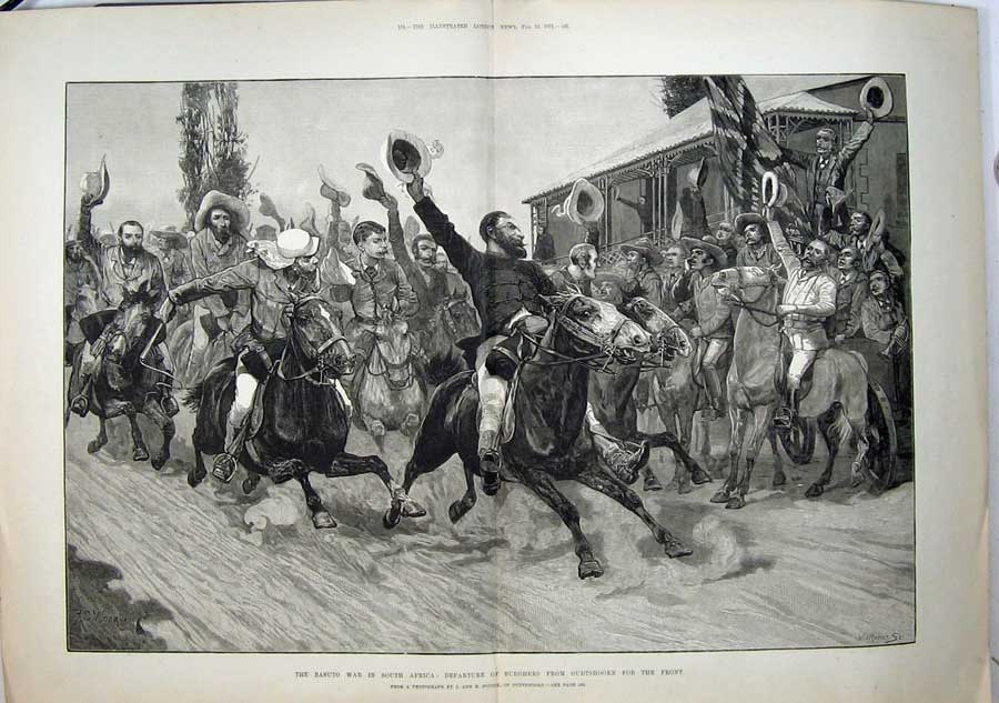 Original Old Antique Print 1881 Basuto War Africa Burghers Men Horses Fine Art