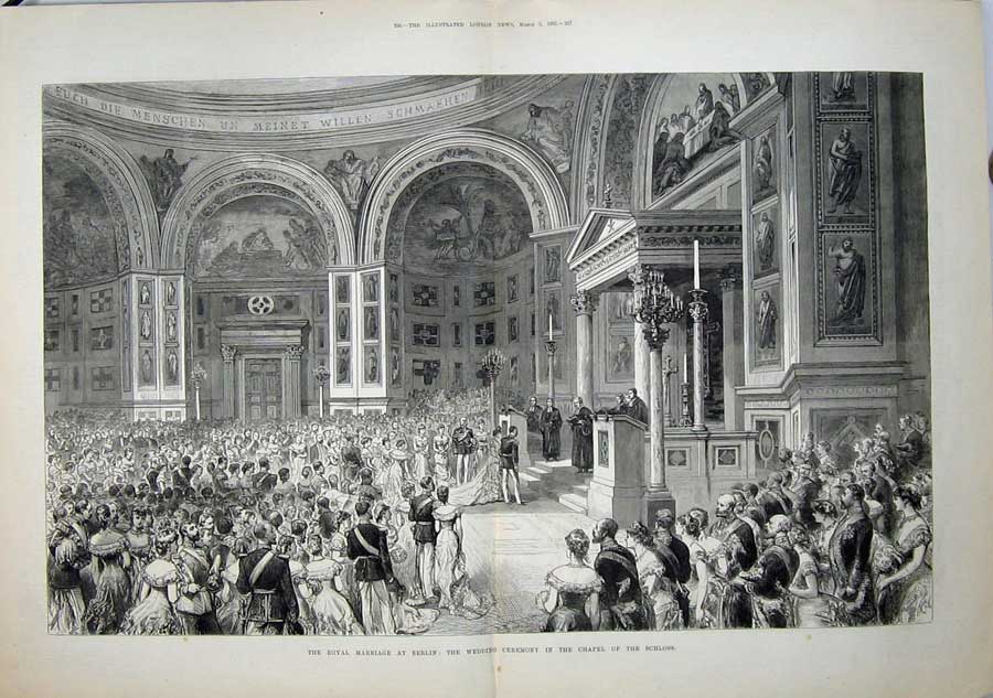 Old Antique Print 1881 Royal Wedding Berlin Ceremony Chapel Schloss Art 19th