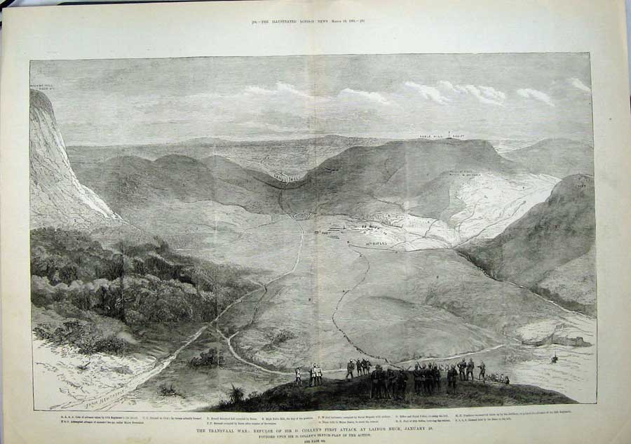 Original Old Antique Print 1881 Transvaal War Colley Attack Laing'S Neck Boers