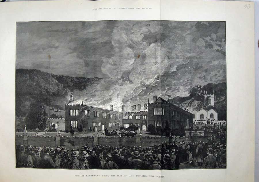 Original Old Antique Print 1881 Fire Lanhydrock House Lord Robartes Bodmin Art
