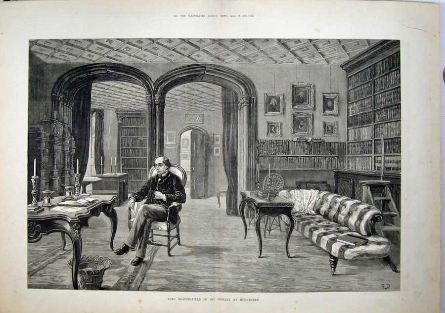 Old Antique Print 1881 Lord Beaconsfield Library Hughenden Sitting Chair 19th