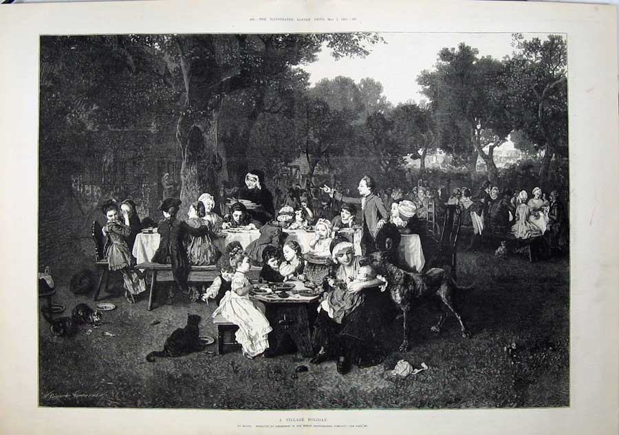Old Antique Print 1881 Village Holiday Fine Art Families Picnic Country 19th