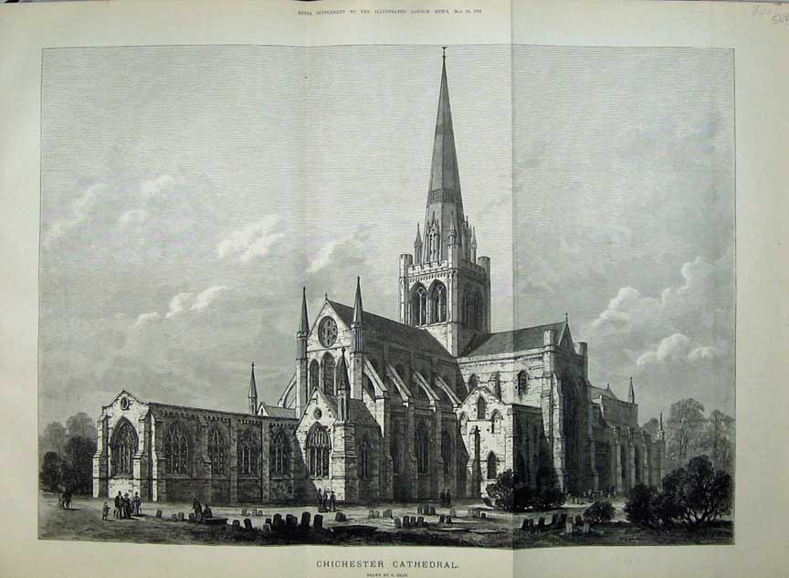 Old Antique Print 1881 Architecture Fine Art Chichester Cathedral Church 19th