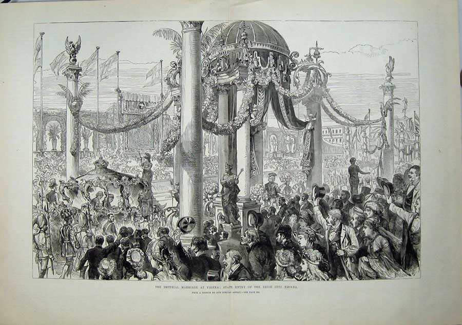 Original Old Antique Print 1881 Imperial Marriage Vienna Bride Horse Carriage