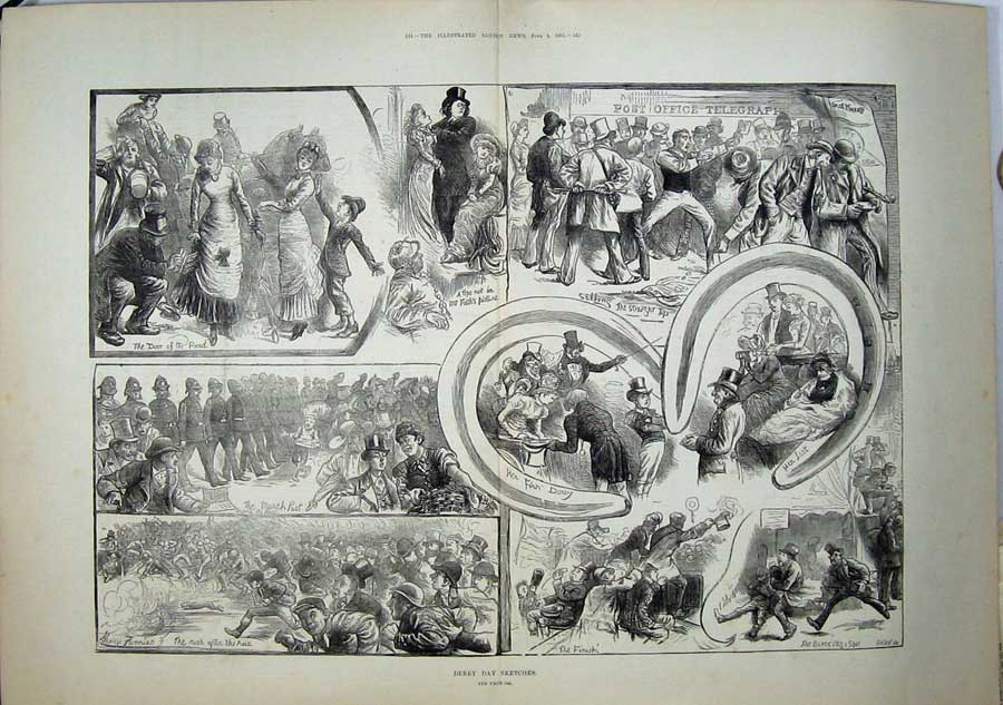 Original Old Antique Print 1881 Derby Day Horse Racing Sport People Frith 19th