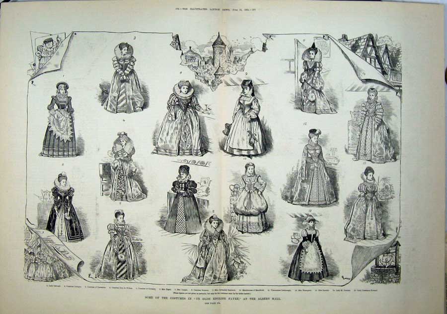 Original Old Antique Print 1881 Costumes e English Fayre Albert Hall Jenkins