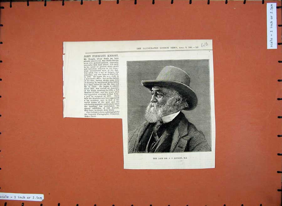 Original Old Antique Print 1881 Portrait John Prescott Knight Painter Artist