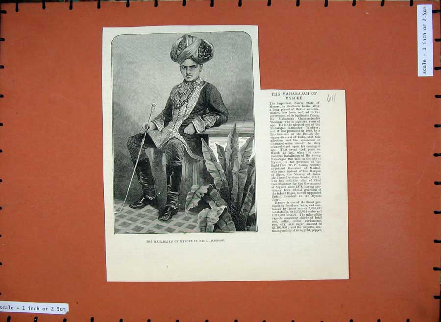 Original Old Antique Print 1881 Portrait Maharajah Mysore Childhood Boy 19th