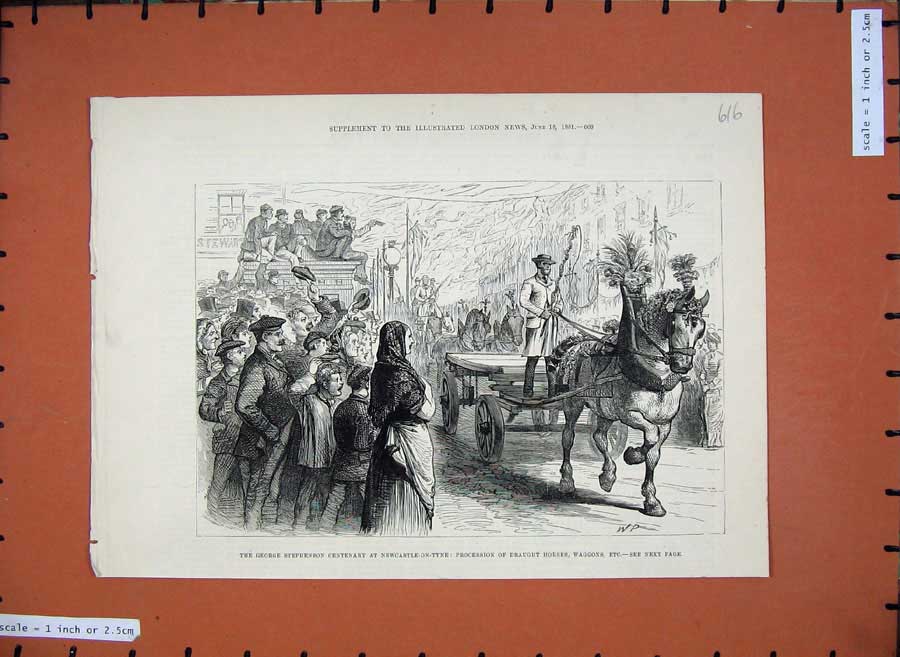 Original Old Antique Print 1881 George Stephenson Newcastle-On-Tyne Procession