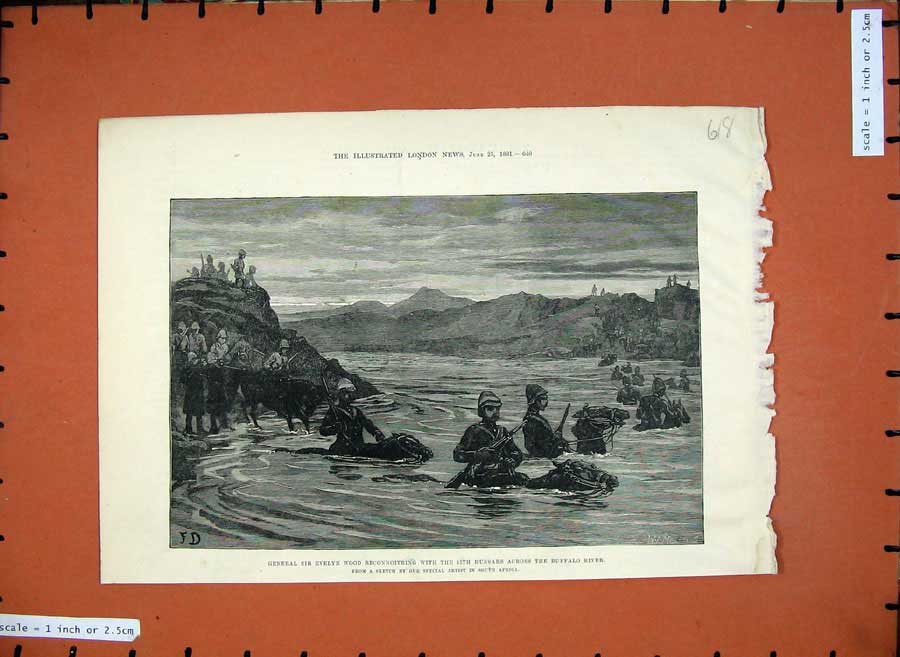 Original Old Antique Print Fine Art 1881 General Evelyn Wood War Buffalo River
