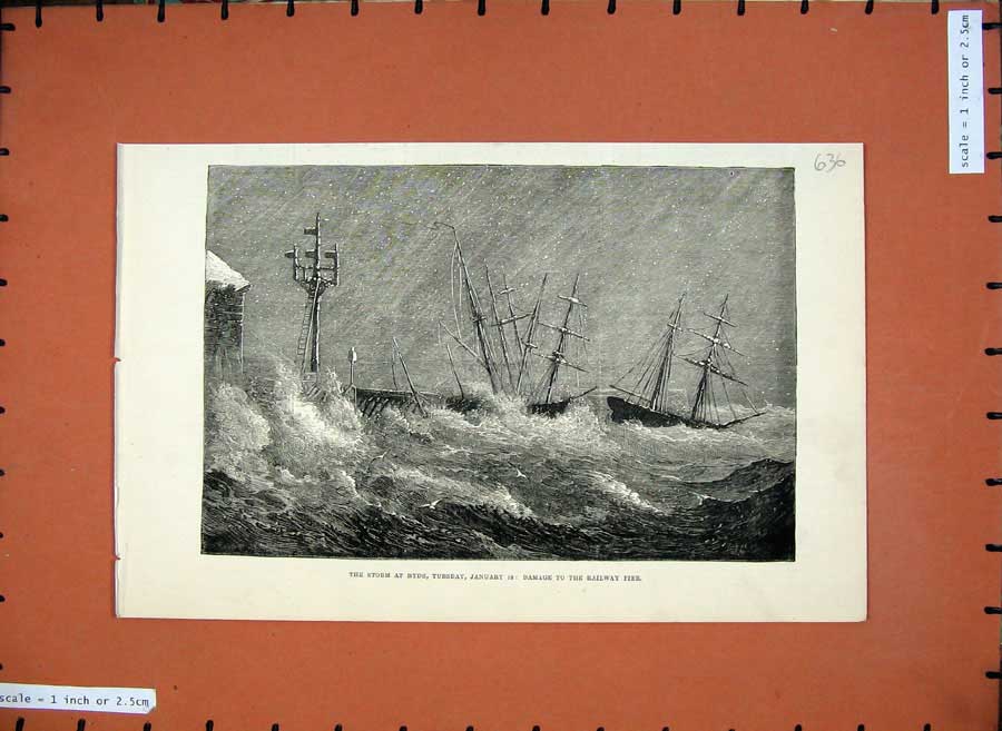 Old Antique Print 1881 Storm Ryde Sea Sailing Ships Railway Pier Fine Art 19th