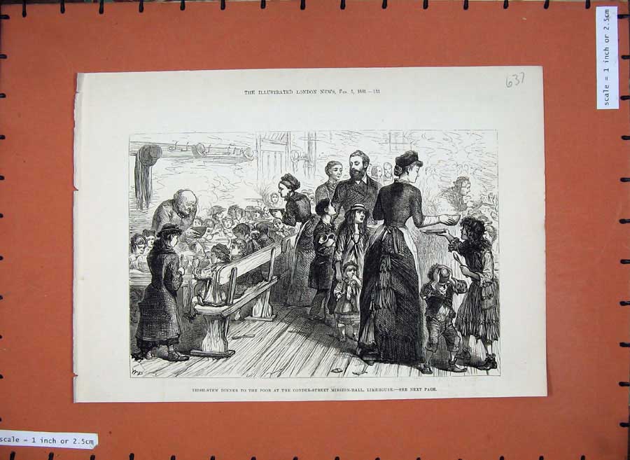 Original Old Antique Print 1881 Irish Stew Dinner Poor People Mission Limehouse