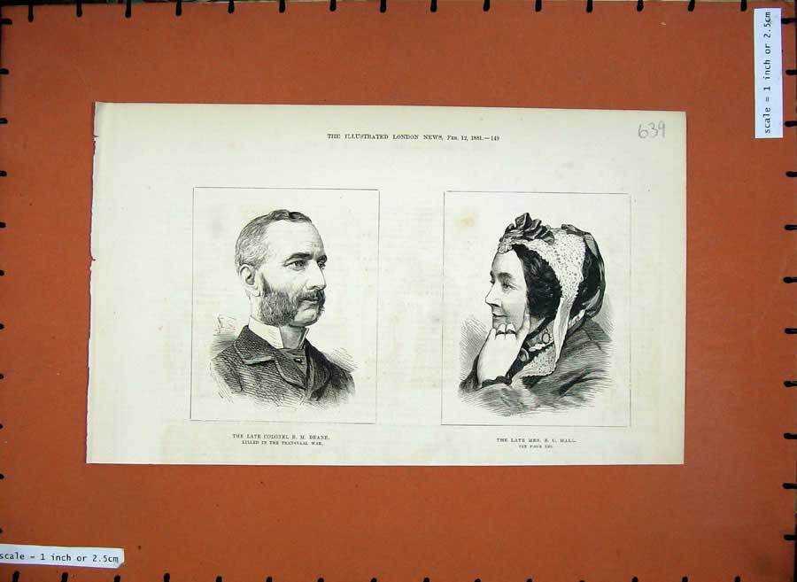 Old Antique Print 1881 Colonel Deane Transvaal War Mrs Hall Portrait Art 19th
