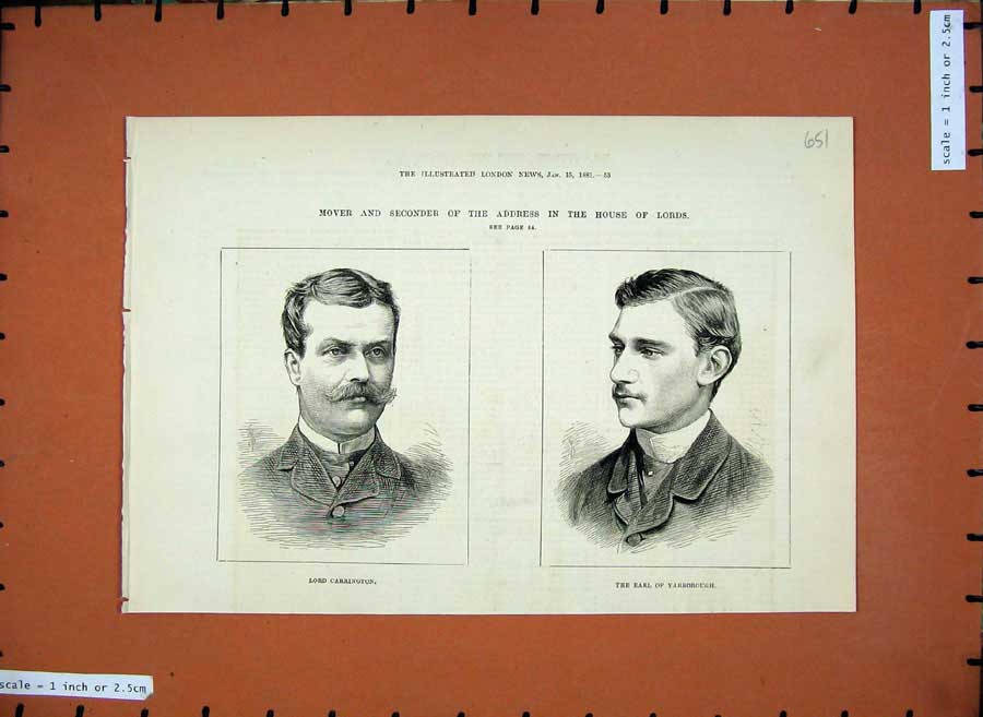 Original Old Antique Print 1881 Lord Carrington Earl Yarborough House Lords Men