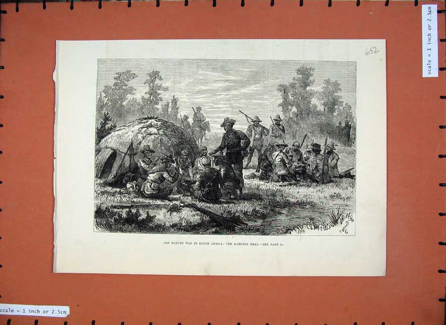 Original Old Antique Print 1881 Basuto War South Africa Army Camp Morning Meal