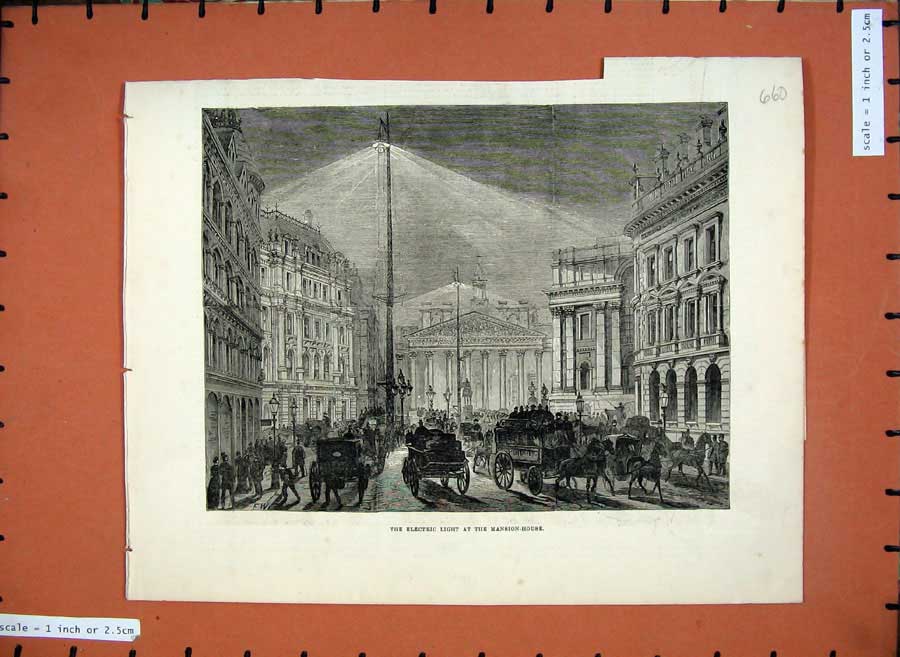 Old Antique Print 1881 Electric Light Mansion House Street Scene Fine Art 19th