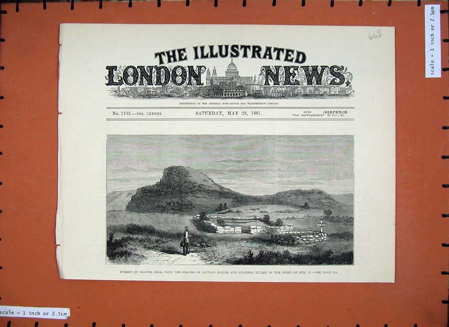 Original Old Antique Print 1881 Summit Majuba Hill Graves Captain Maude Siers