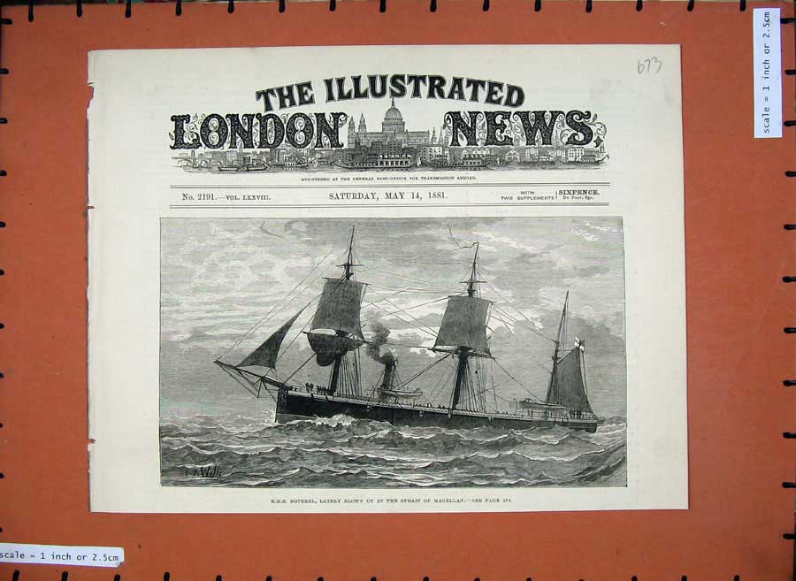 Old Antique Print 1881 Sailing War Ship H.M.S Doterel Strait Magellan Art 19th