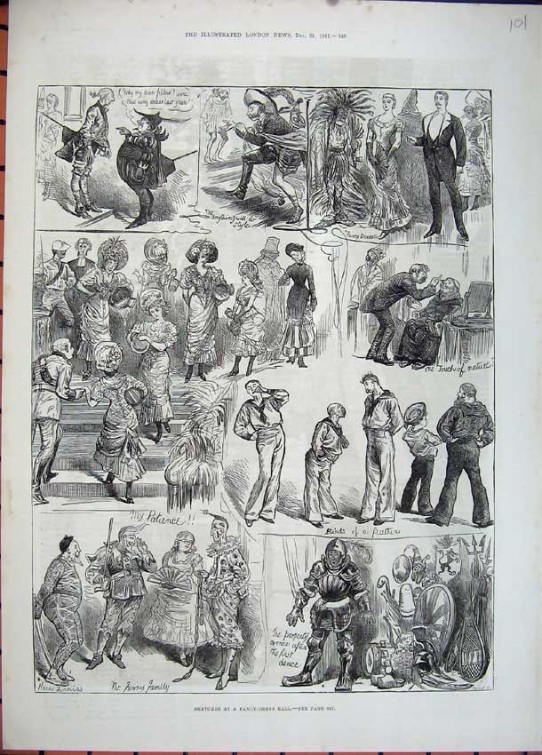 Original Old Antique Print 1881 Fancy Dress Ball Costumes Armour 19th