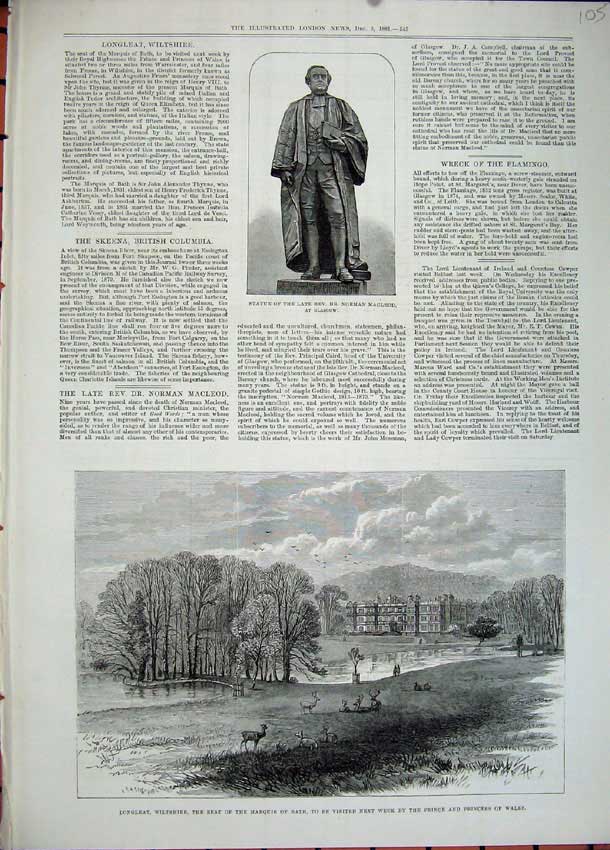 Original Old Antique Print 1881 Statue Norman Macleod Longleat Marquis Bath Art