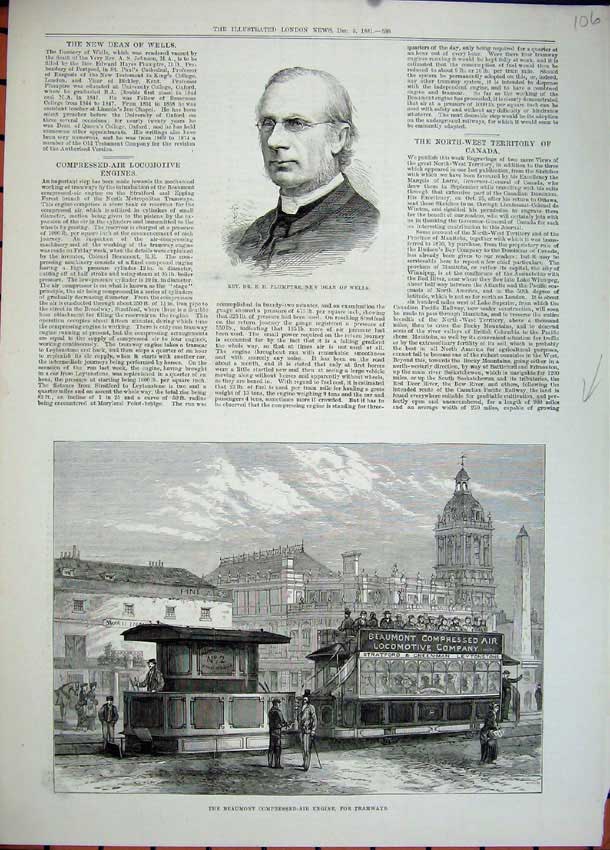 Old Antique Print 1881 Plumptre Dean Wells Beaumont Air Engine Tramways 19th