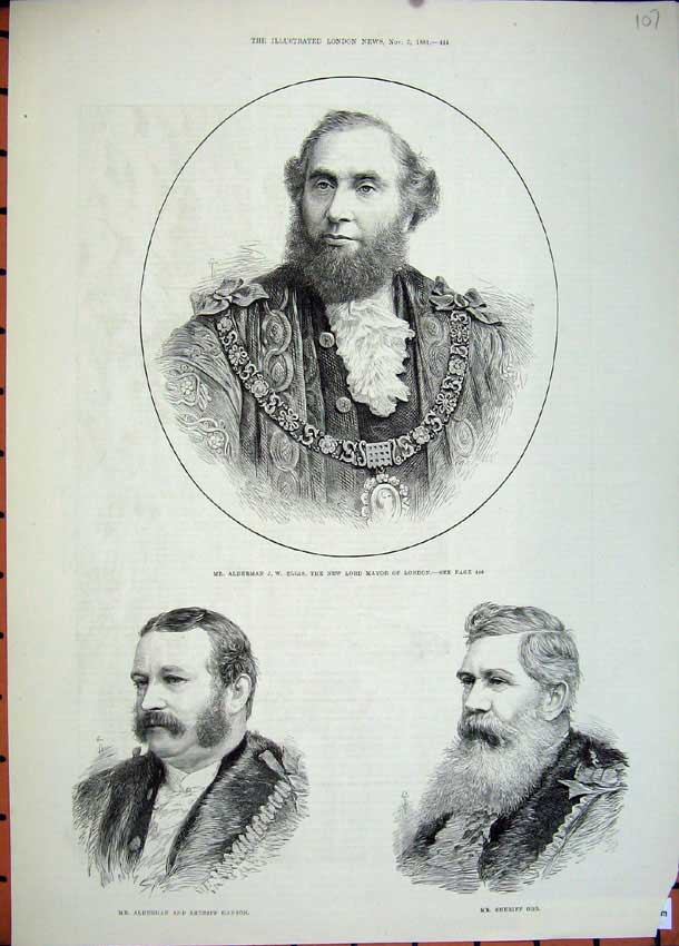 Old Antique Print 1881 Alderman Ellis Lord Mayor London Sheriff Ogg Men 19th