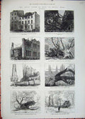 Old Antique Print 1881 Storm Burlington Ruins Michael'S Church Elm Tree 19th
