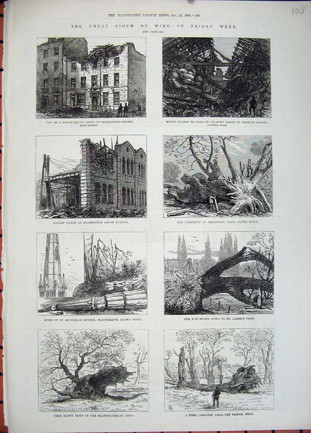 Old Antique Print 1881 Storm Burlington Ruins Michael'S Church Elm Tree 19th