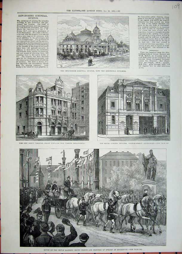 Original Old Antique Print 1881 Devonshire Hospital Buxton Savoy Theatre Sweden