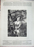 Old Antique Print 1881 Beautiful Woman Gathering Apples Tree Basket Art 19th