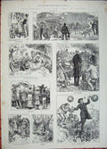 Original Old Antique Print 1881 Children Country Balloons Playing Games Party