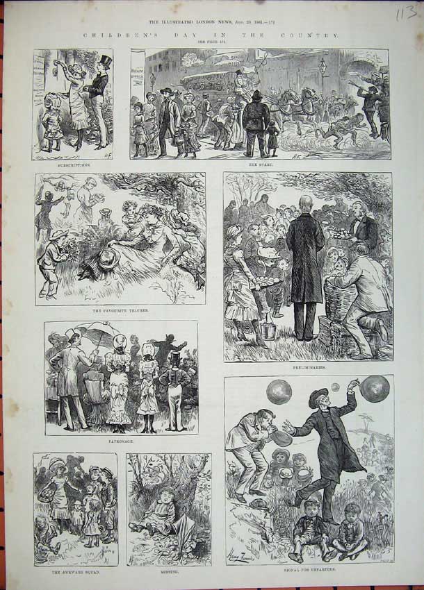 Original Old Antique Print 1881 Children Country Balloons Playing Games Party
