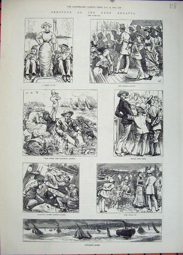 Original Old Antique Print Ryde Regatta 1881 Yachts People Pier Grand Stand
