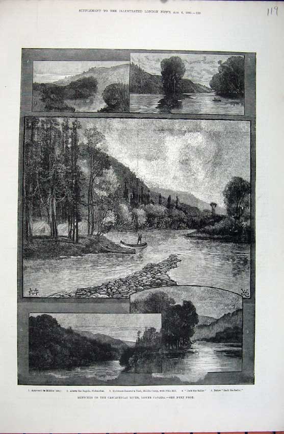 Original Old Antique Print 1881 Cascapediac River Canada Jack Sailor Trees Fine