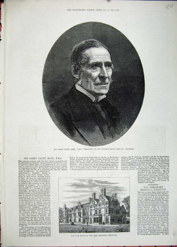 Original Old Antique Print 1881 James Paget Bart Medical Hospital Brighton Art