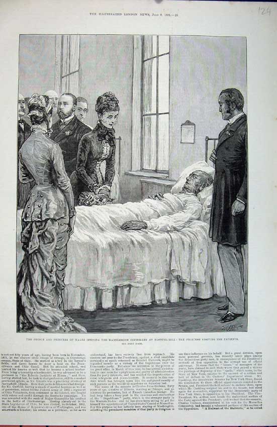 Original Old Antique Print 1881 Prince Wales Marylebone Hospital Notting Hill