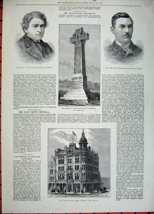 Old Antique Print 1881 Sailors Home Dundee Monument Prince Imperial War 19th