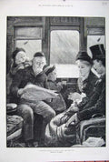 Original Old Antique Print 1881 Christmas Journey Family Railway Train Carriage
