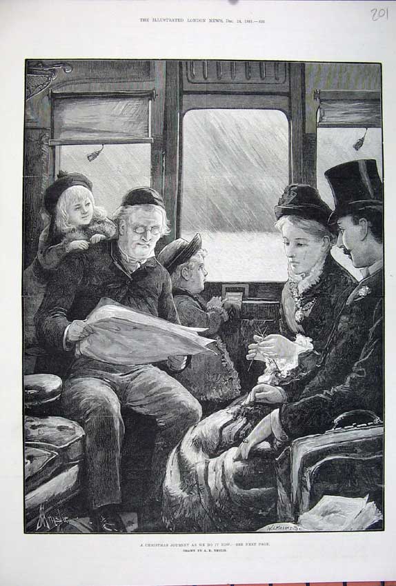 Original Old Antique Print 1881 Christmas Journey Family Railway Train Carriage