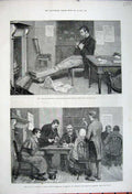 Old Antique Print 1881 Ireland Rent Agents Office Man Sleeping Table Art 19th