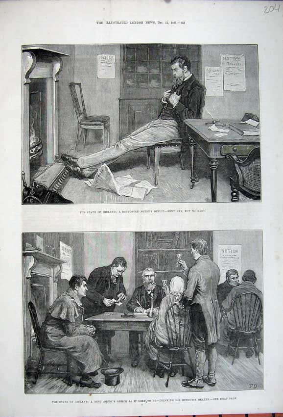 Old Antique Print 1881 Ireland Rent Agents Office Man Sleeping Table Art 19th