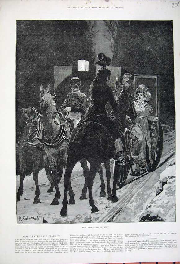 Original Old Antique Print 1881 Woodville Fine Art Torchlight Horse Carriage