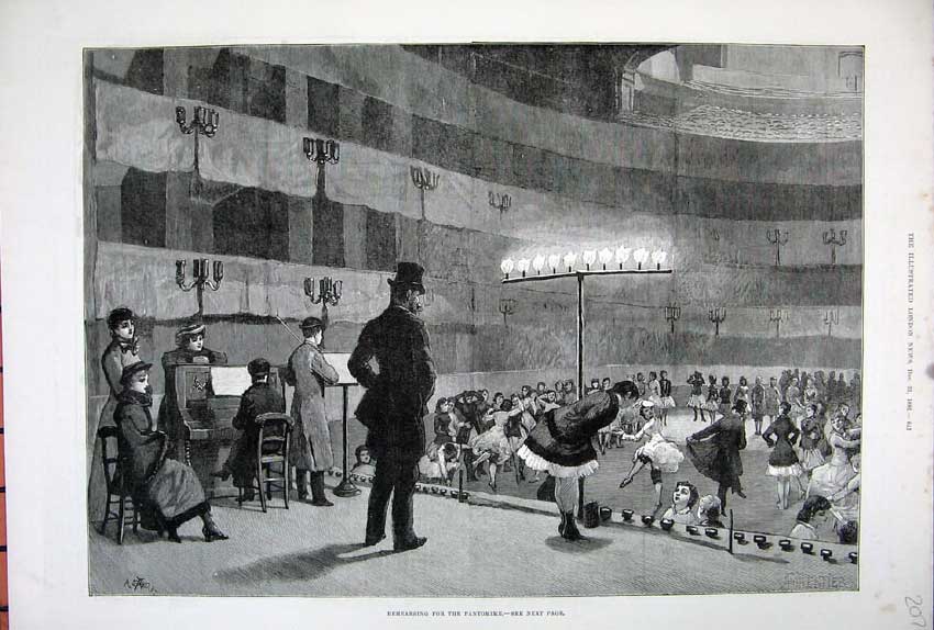 Original Old Antique Print 1881 Pantomime Rehearsals Theatre Music Dancing Art