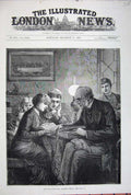 Original Old Antique Print 1881 Fine Art New Years Eve Family Man Reading 19th
