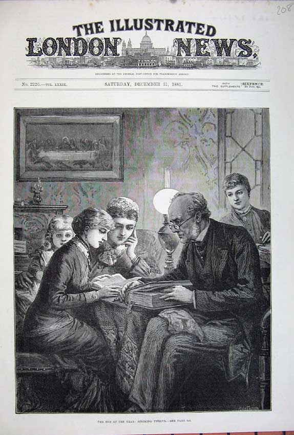 Original Old Antique Print 1881 Fine Art New Years Eve Family Man Reading 19th