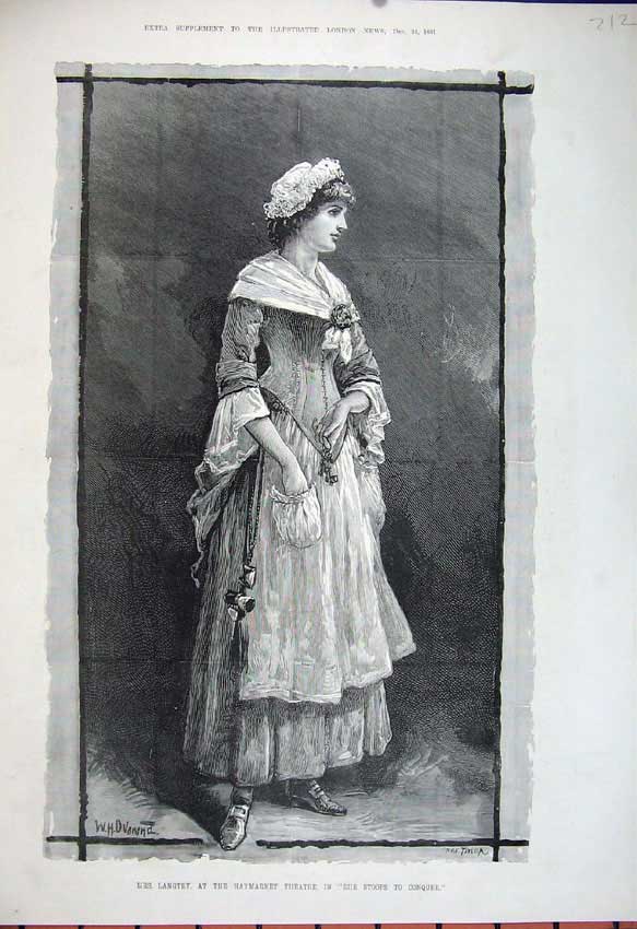 Original Old Antique Print 1881 Fine Art Mrs Langtry Haymarket Theatre Conquer