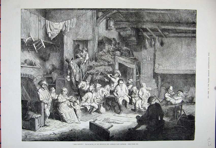 Old Antique Print 1881 Dance People House Interior Adrian Van Ostade Art 19th