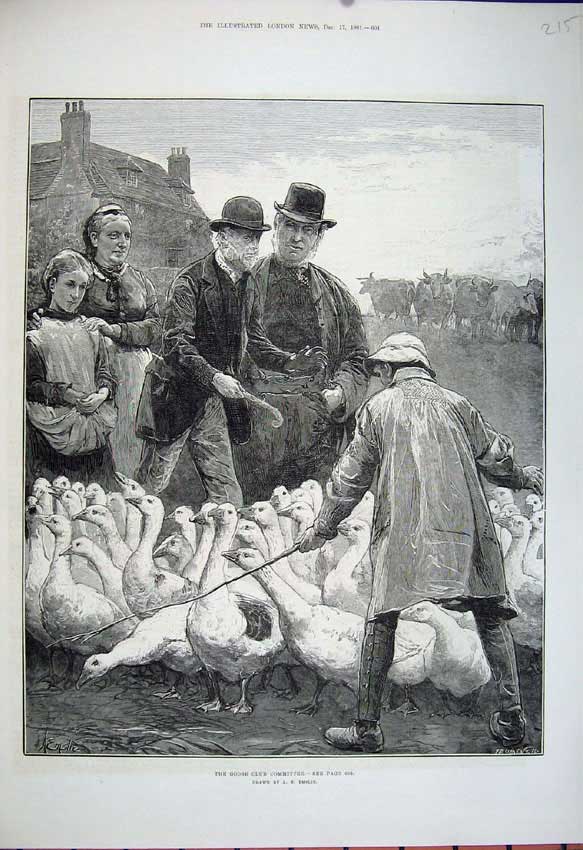 Original Old Antique Print 1881 Fine Art Emslie Goose Club Committee Birds Cows