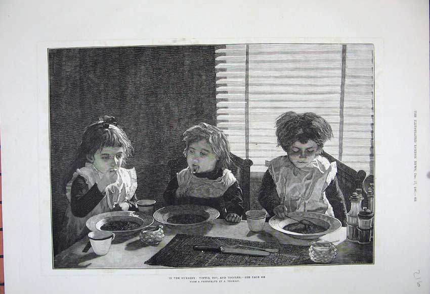 Original Old Antique Print 1881 Children Nursery Tottie Tot Toozles Dinner Art